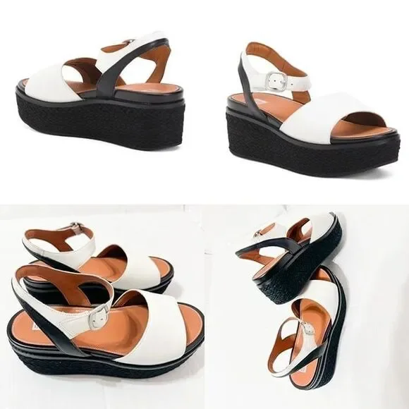 FITFLOP NWB Sz 8 White Black Leather Platform Espadrille Sandals - Picture 1 of 8